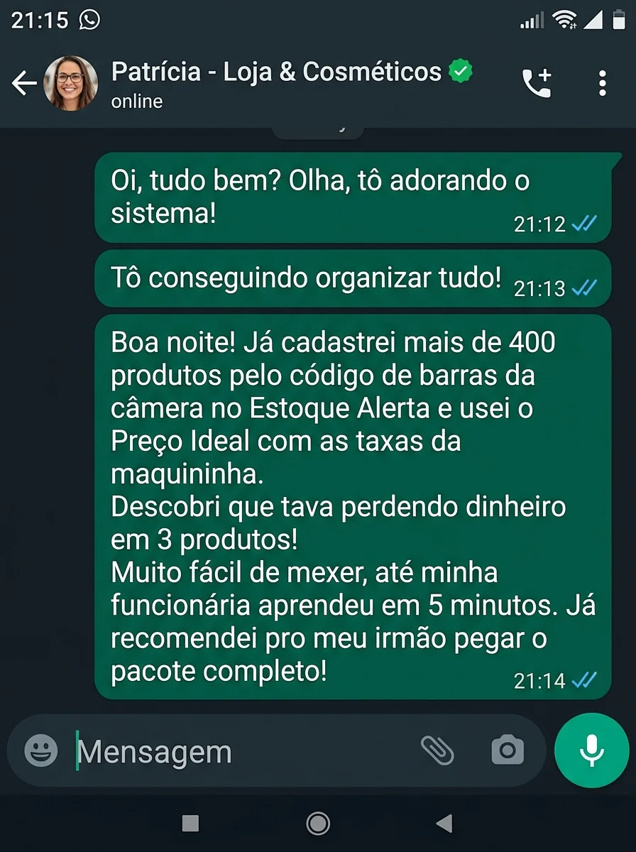 Depoimento de Patrícia Mendes sobre o cálculo de margem e taxas com o aplicativo Preço Ideal na Loja de Cosméticos